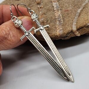 Antique Silver Rustic Tribal Rithual Tiger Sword Drop lightweight Earrings